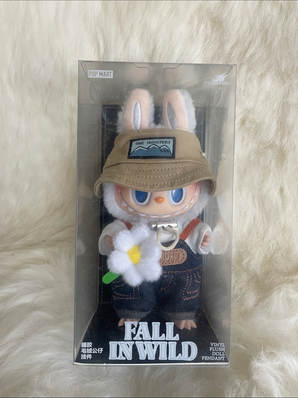 Pop Mart 'Fall In Wild' Plush Bunny Doll in Beige Hat and Blue Overalls